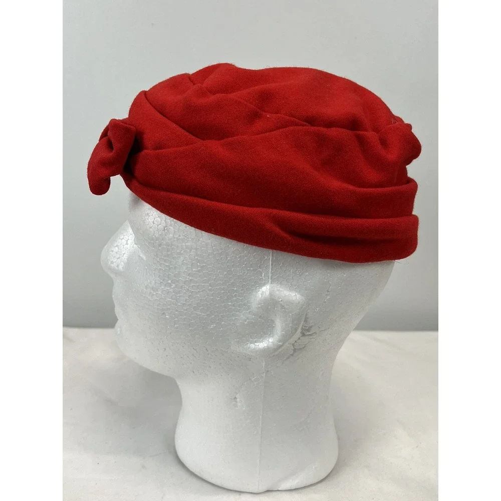 Vintage Wool Pillbox Hat Bow Made By Joyce GUC Red Lined